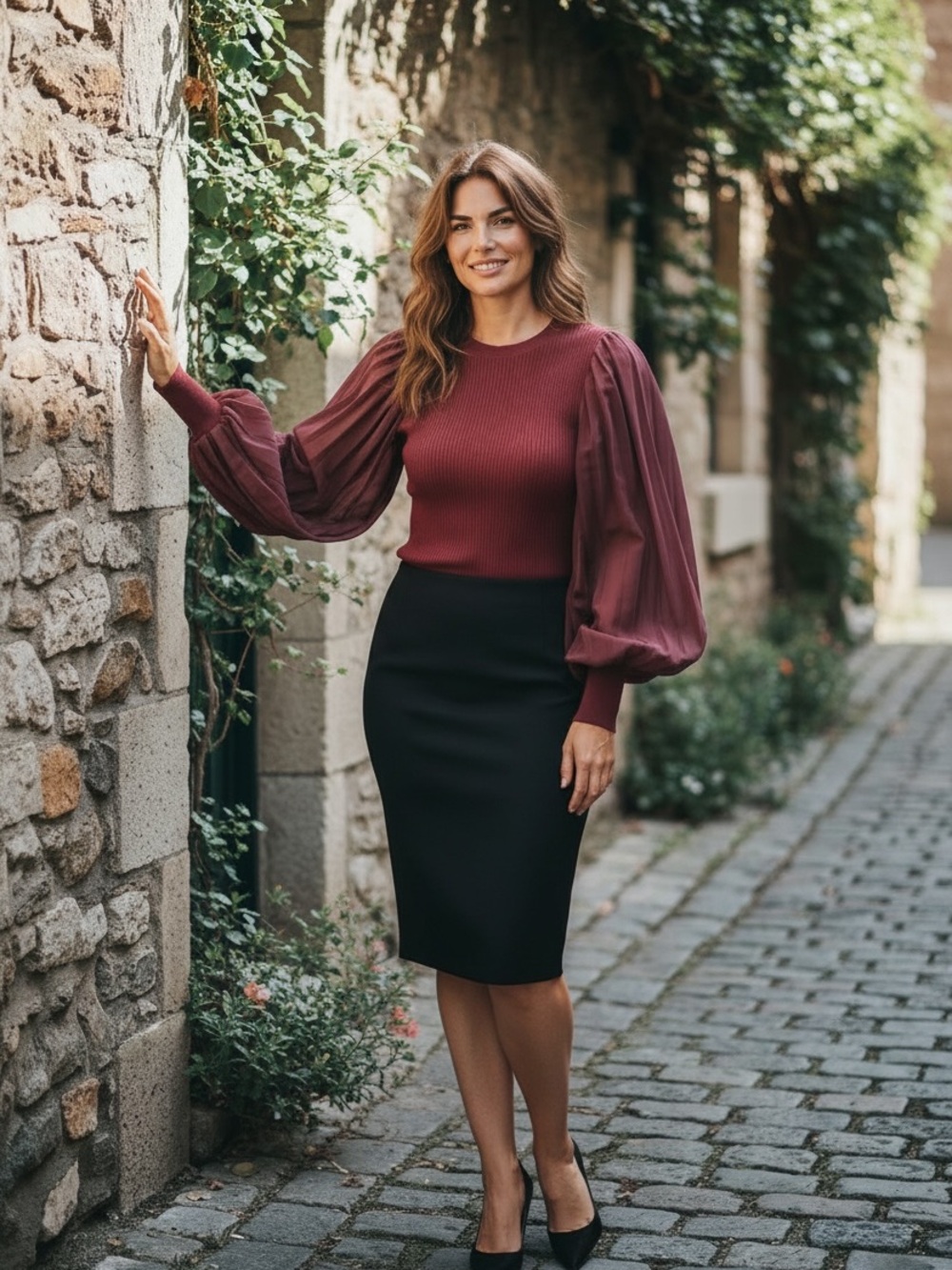 White House Black Market Black Pencil Skirt with Burgundy Blouson Top